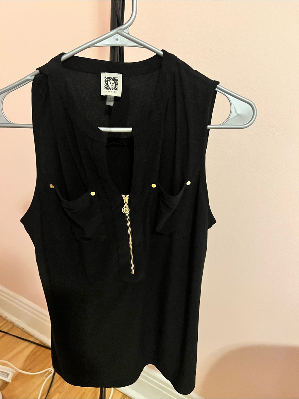 Anne Klein Black Sleeveless Zip-Front Tank with Gold Hardware